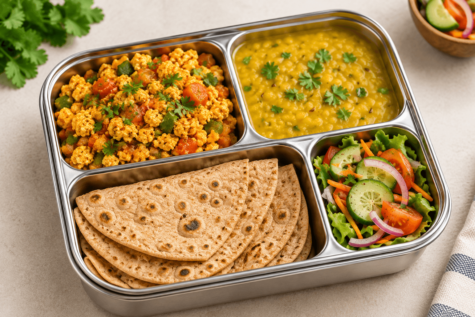 Paneer Bhurji, Moong Dal with Whole-Wheat Roti + Salad